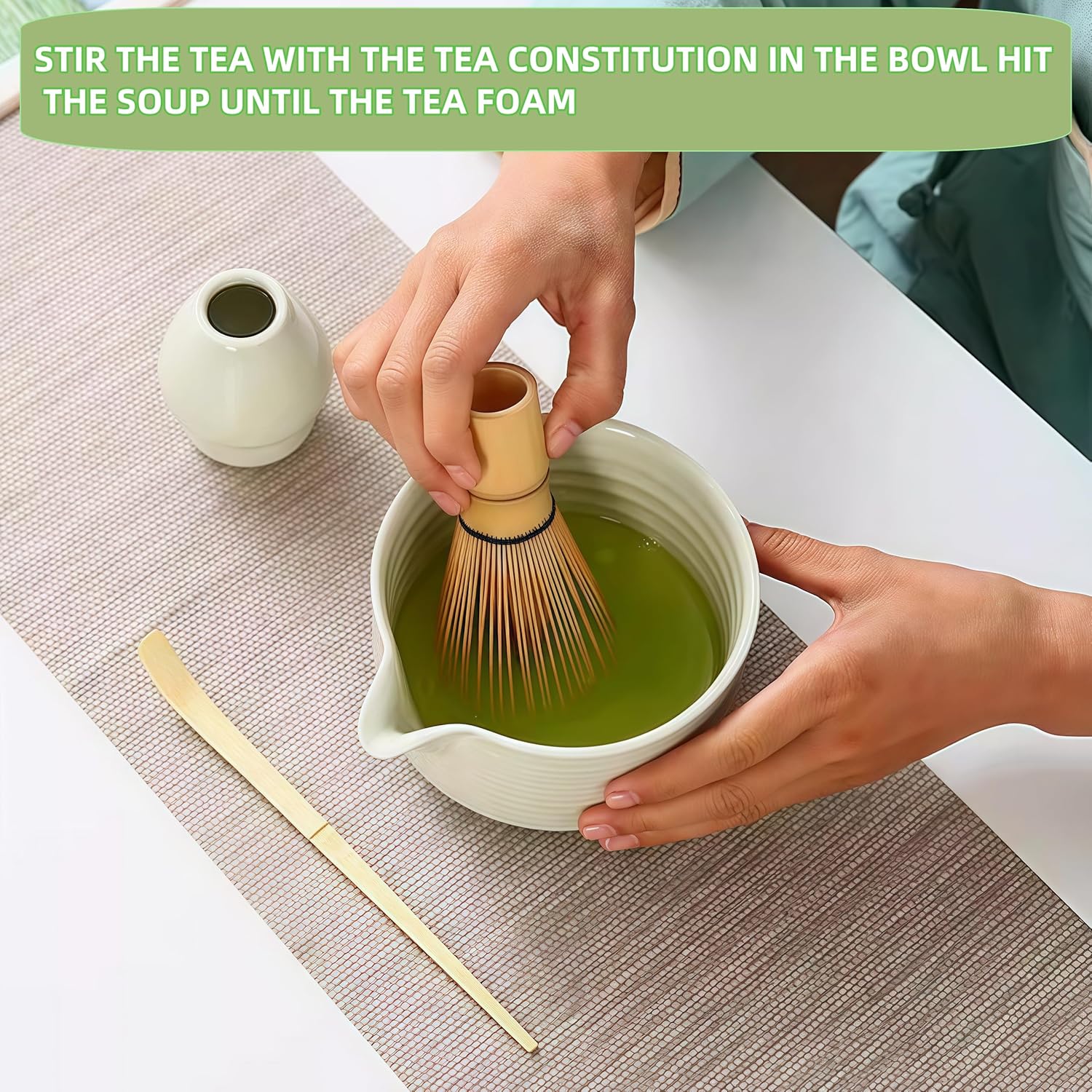 Matcha Whisk Set, Matcha Bowl with Spout, Matcha Whisk and Holder, Bamboo Scoop and Stainless Sifter - 5 Pcs Jade Green Matcha Kit for Matcha Lover - Image 6