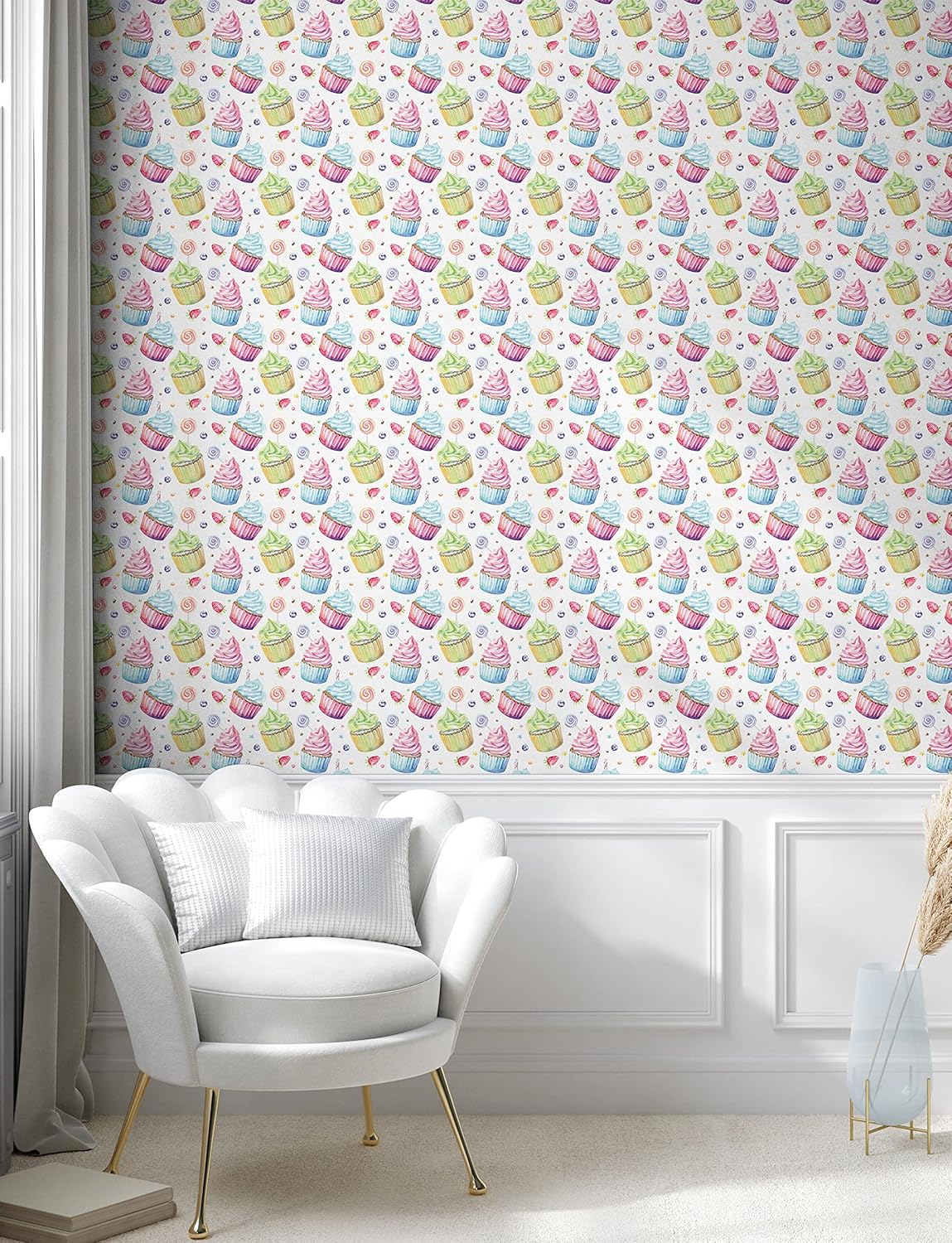 Lunarable Retro Peel & Stick Wallpaper for Home, Colorful Creamy Cupcakes and Sweets Strawberry Pattern Retro Vintage Style, Self-Adhesive Living Room Kitchen Accent, 13" x 100", Blue Green Pink