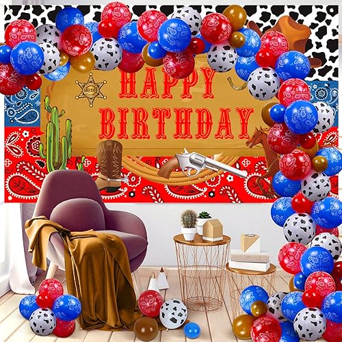 Miniatura 2 de 54 piezas de decoraciones de fiesta de cumpleaños de vaquero occidental, pancarta de feliz cumpleaños de vaquero, globos temáticos de vaquero del