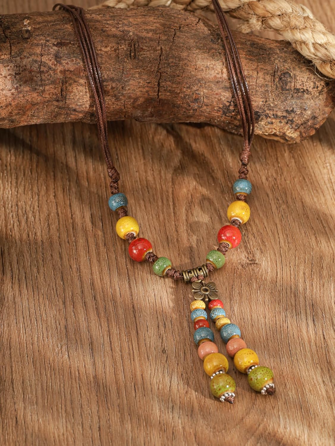 MINACHI Vintage Bohemian Colorful Ceramic Bead Antique Flower Y Necklace, Vintage Boho Hippie Statement Jewelry Gift for Women - Image 2