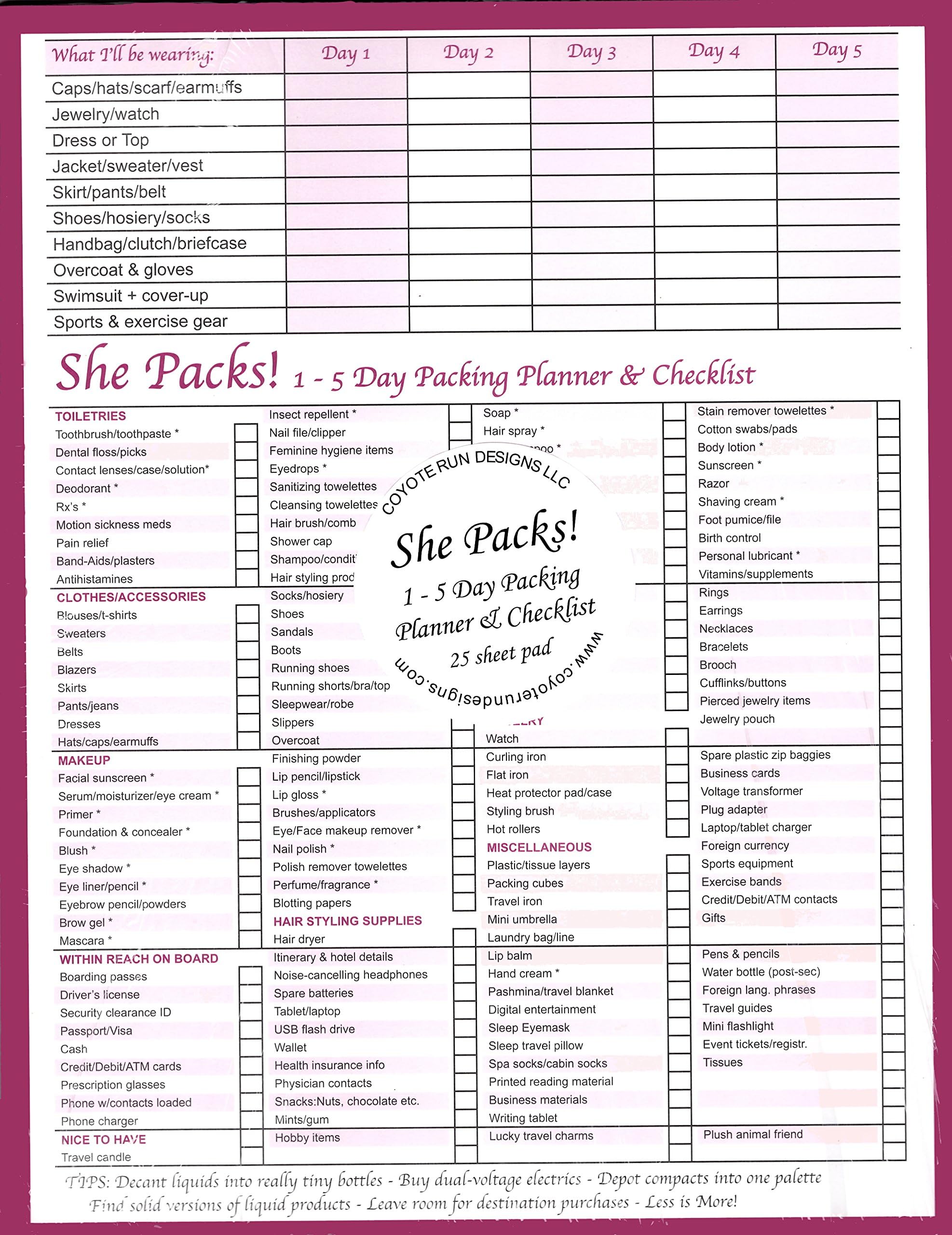 She Packs! 1-5 Day Packing Travel Planner & Checklist