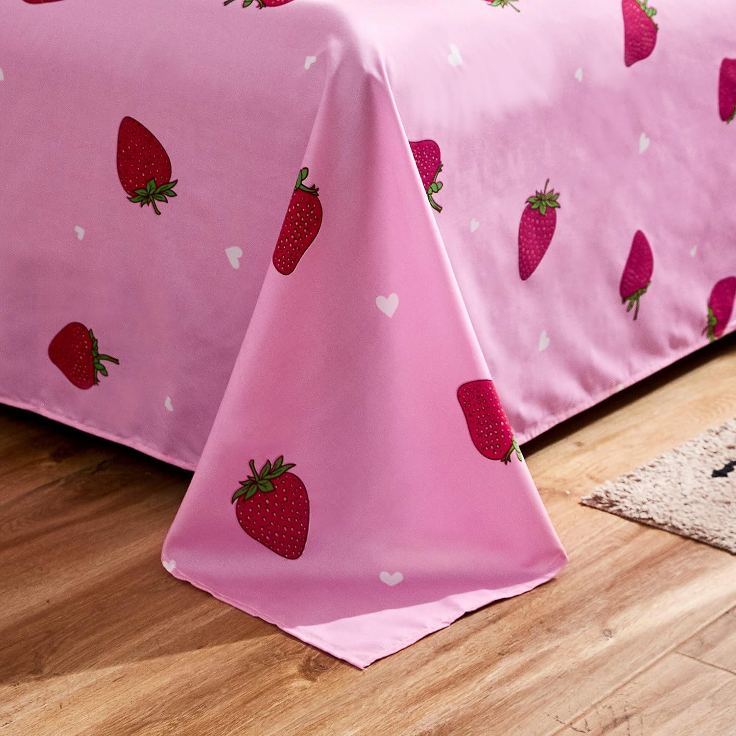LAMEJOR Pink Bed Sheet Set Twin Size Kawaii Red Strawberry Pattern with 14” Deep Pockets 4 Piece - 1 Flat Sheet, 1 Fitted Sheet, 2 Pillow Cases