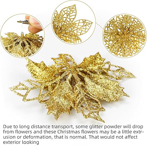 Miniatura 4 de 40 piezas de flores de pascua con purpurina de 5.5 pulgadas, púas de bayas artificiales, adornos de árbol de Navidad, flores artificiales de Navidad