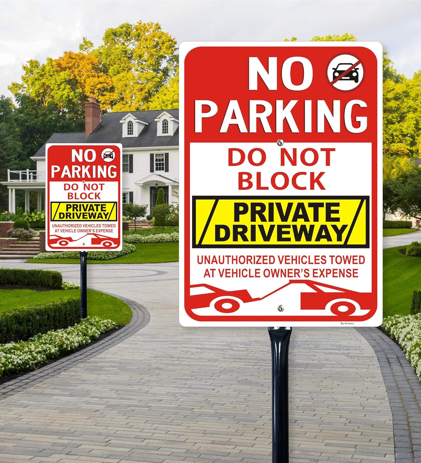 Amexiu No Parking Sign Do not Block Private Driveway Signs with 36"Long Metal Stake, 10 x 14 Inches "Unauthorized Vehicles Towed At Vehicle Owner’s Expense" Metal Sign,Rust-Free& Fade Resistant,2 Pack