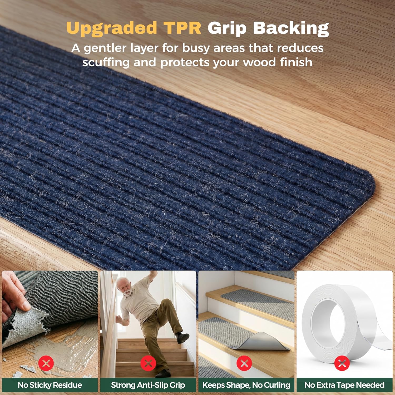 MBIGM 8" X 30" (15 in Pack) Non-Slip Carpet Stair Treads Non-Skid Safety Rug Slip Resistant Indoor Runner for Kids Elders & Pets with Reusable Adhesive - Navy - Carpet Pads for Stairs