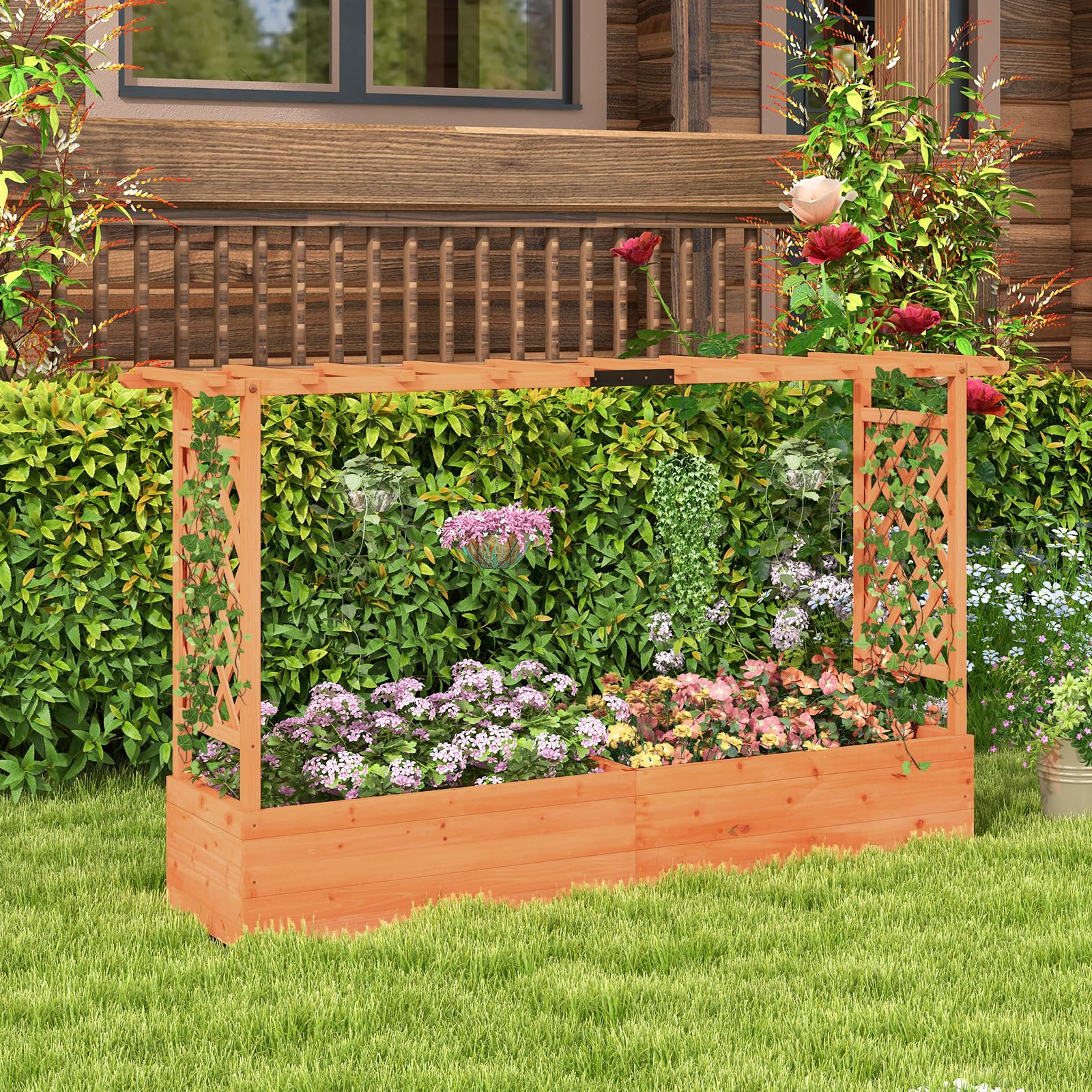 HOMASIS Jardiniere Exterieur Grande avec 2 Treillis et Etagère de Toit, Bac à Fleurs Surélevé en Bois pour Plantes Grimpantes, Jardiniere avec Treillis pour Jardin Balcon, 200x44x114cm, Orange