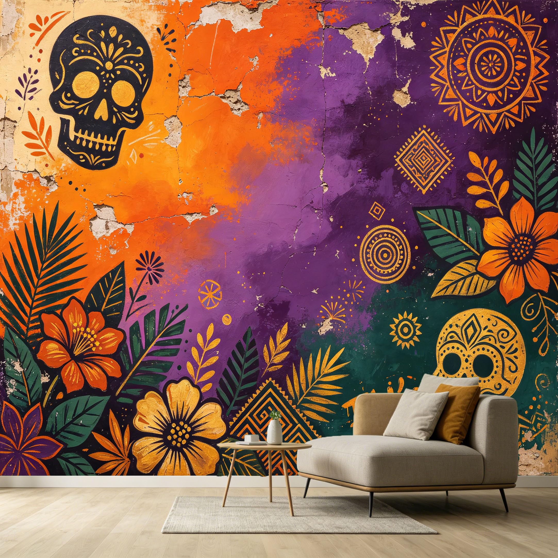 Custom Size Wall Murals Day of the Dead Skull Tropical Botanical Oil Painting Textured Pattern SelfAdhesive Wall Fabric Removable Large Wallpaper Photo for Living Room