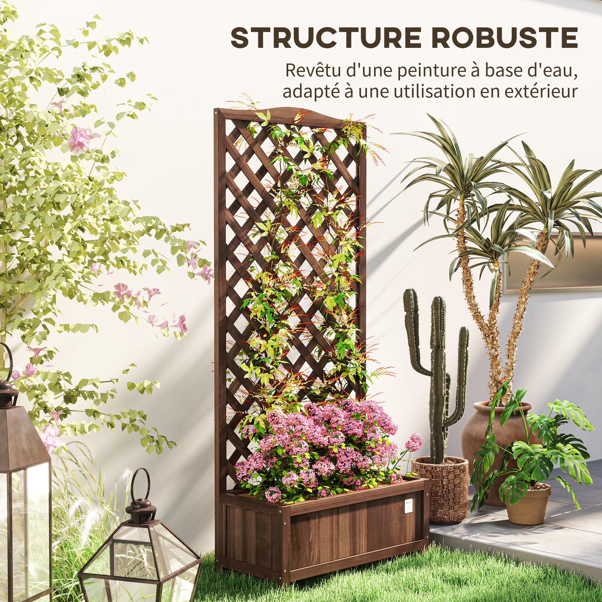 Outsunny Jardinière avec Treillis Bac à Fleurs sur Pied 76x36x170 cm Bois Sapin pré-huilé Marron