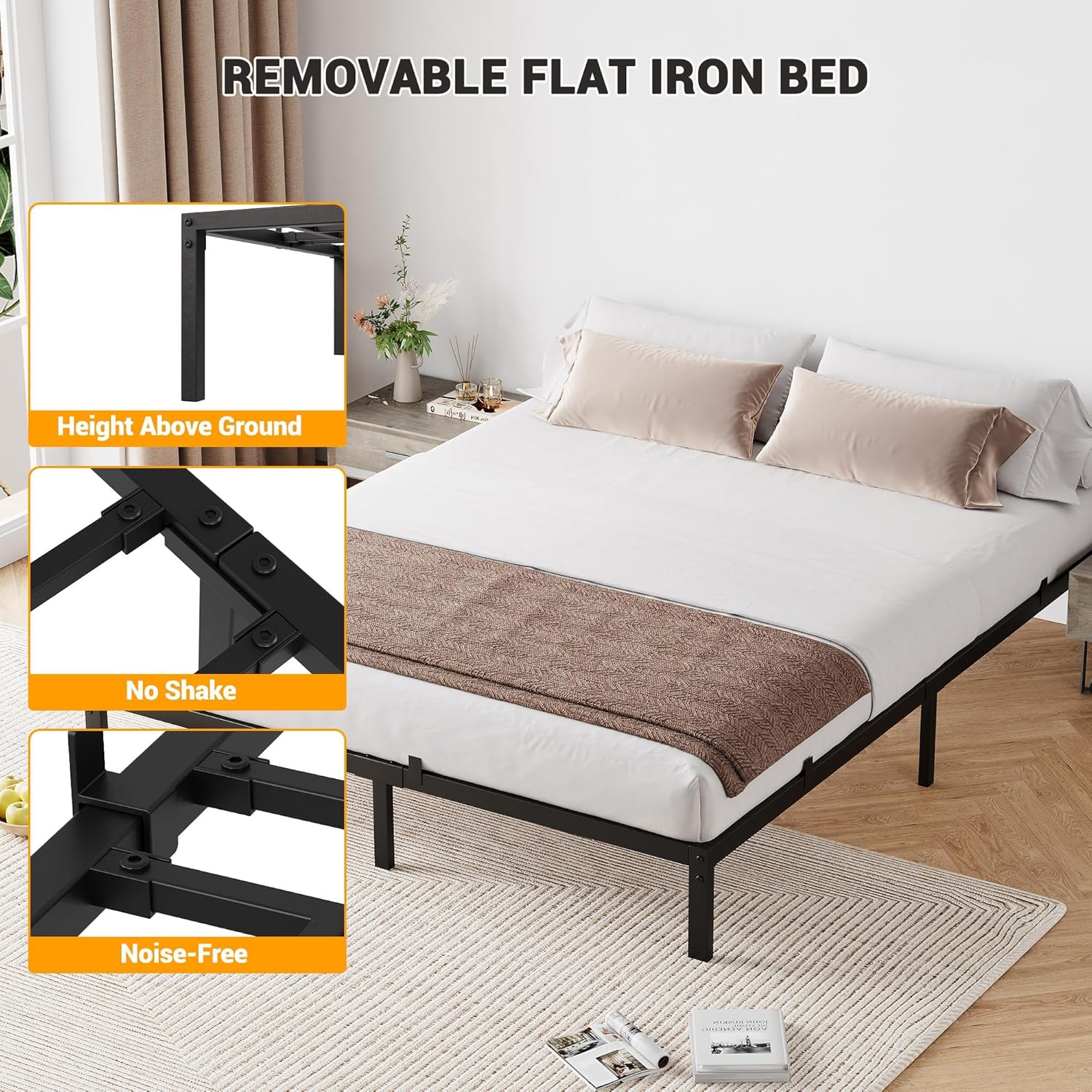 6 Inch Twin XL Bed Frame, Metal Platform Bed Frame with Sturdy Heavy Duty and 6 Non-Slip Mattress, Bed Frame with Reserved Holes for DIY Headboard,Storage Space Under The Bed,Noise Free