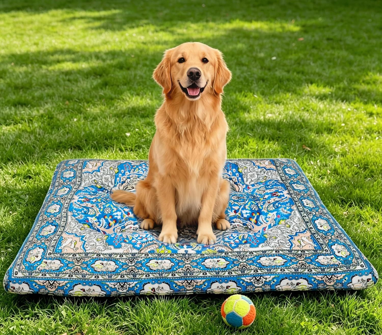 Washable Dog Crate Bed, Ultra Soft & Anti-Slip Crate Pad, Cozy Kennel Mat for Large/Medium/Small Dogs, Plush & Bohemian Dog Bed (Blue, 34.0" L x 22.0" W x 2.3" H)