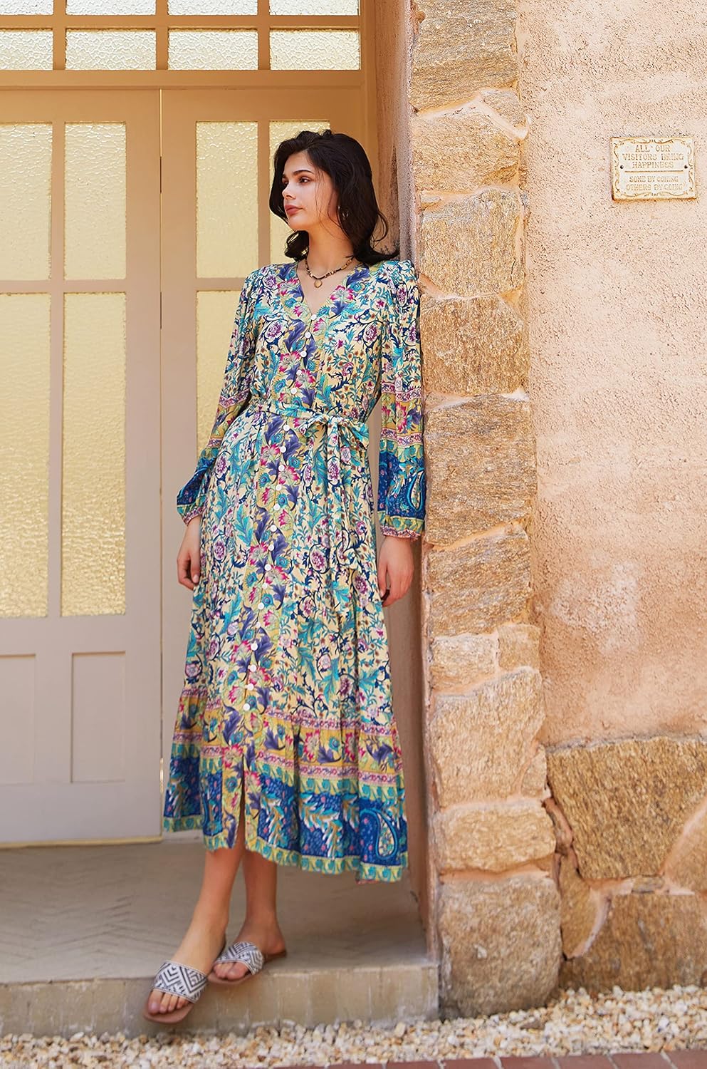 R.Vivimos Women's Long Sleeve Boho Midi Dress V Neck Floral Print Casual Button Down Loose Ruffle Beach Long Dress with Belt - Image 2