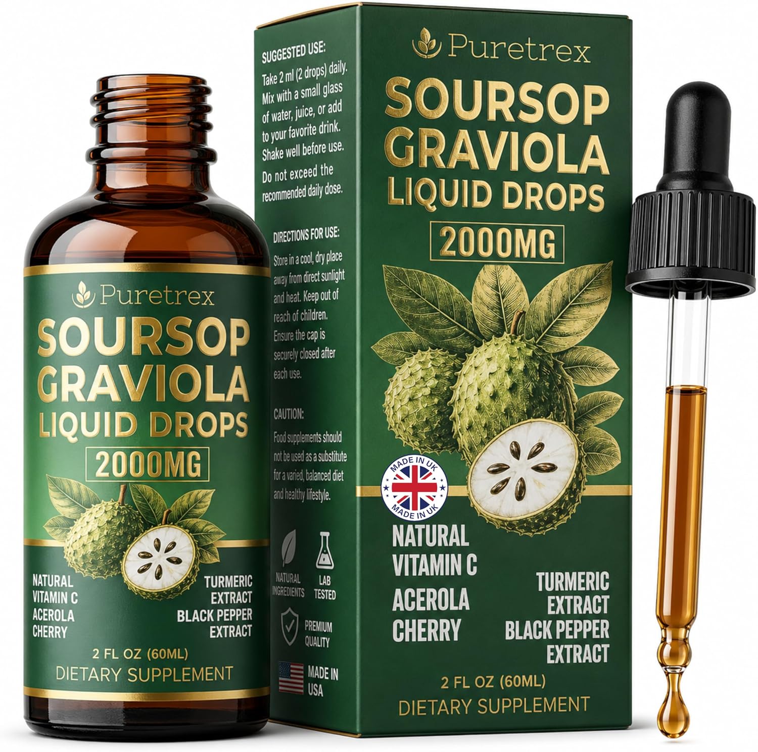 Soursop Graviola Liquid Drops 2000mg, Alcohol Free, 60mL 2 fl oz