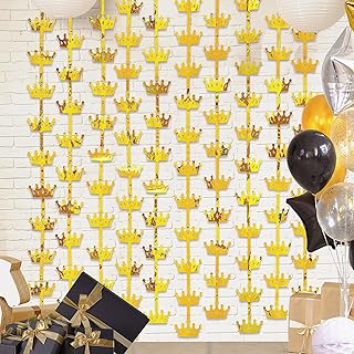 King Crowns Party Decorations 2 Pack Gold Crown Photo Backdrop, 3.3x6.6ft Golden Foil Fringe Curtains Photo Booth Props for Men 1st 40th 50th Birthday Wedding Graduation Anniversary Decors