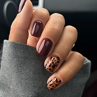 Brown Leopard Print Press on nails Short Square Fake Nails Wine Red Full Cover Glossy Nude Glue on Nails Brown Cheetah Print Acrylic Nail Animal Print False Nail Reusable Daily Wear for Women 24Pcs
