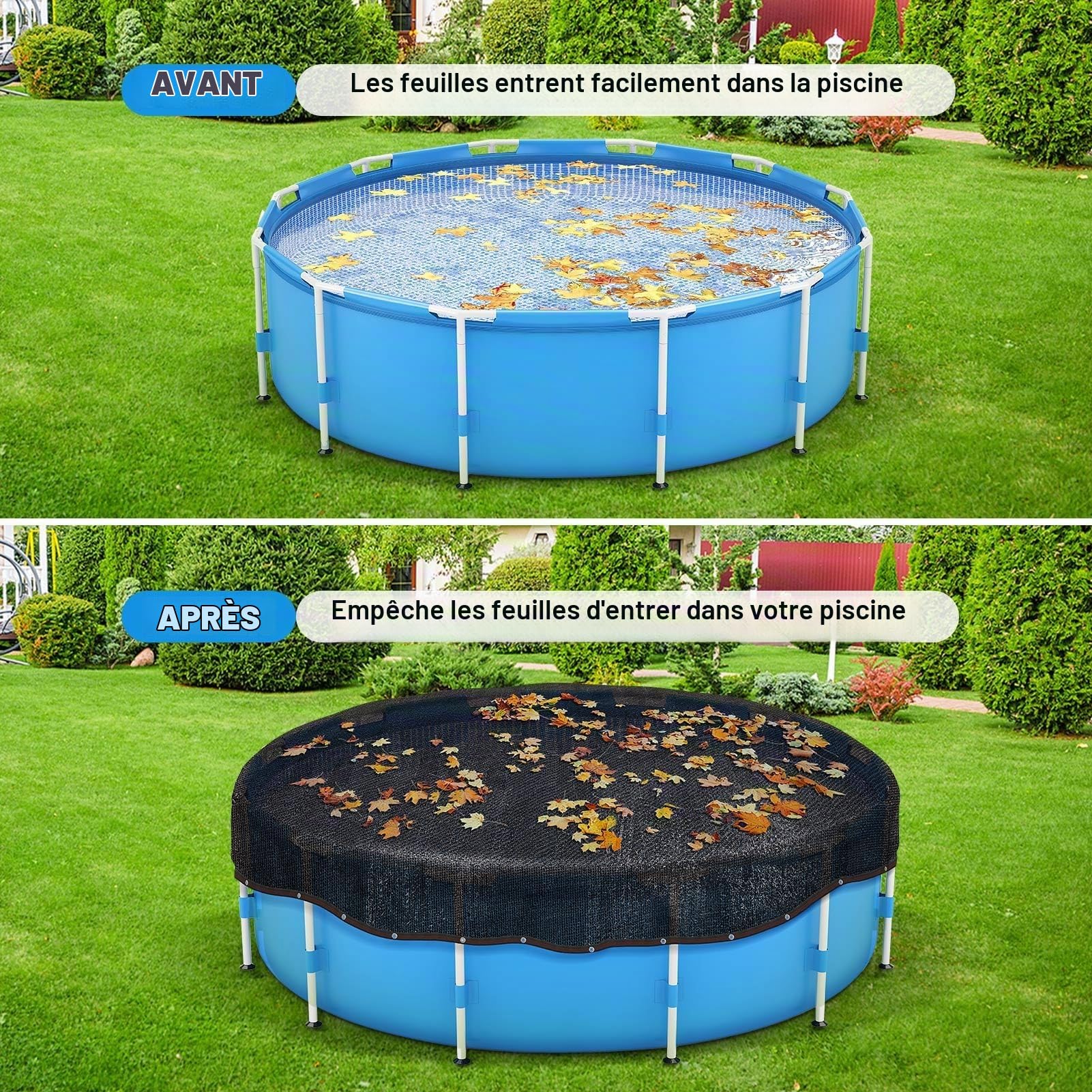 Bâche de Protection en Maille pour Piscine Hors Sol pour Attraper Les Feuilles en Hiver – Filet de sécurité en Maille pour Piscine de 5,5 m – Pare-Soleil de Jardin Noir avec œillets
