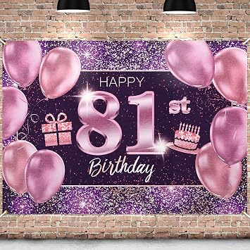 Happy 81st Birthday Banner Backdrop - 81 Birthday Party Decorations Supplies for Women - Pink Purple Gold 4 x 6ft