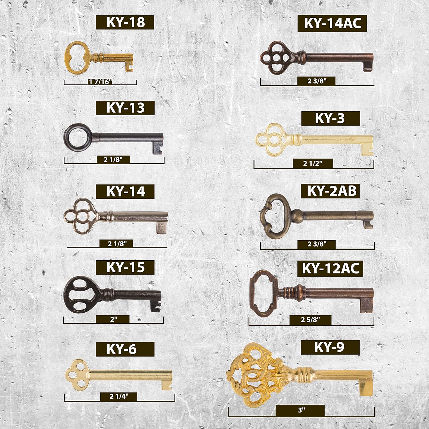 Skeleton Key Set - 10 Keys on a Keyring - Reproduction for Antique Furniture - Cabinet Doors, Grandfather Clocks, Dresser Drawers | KY-10S