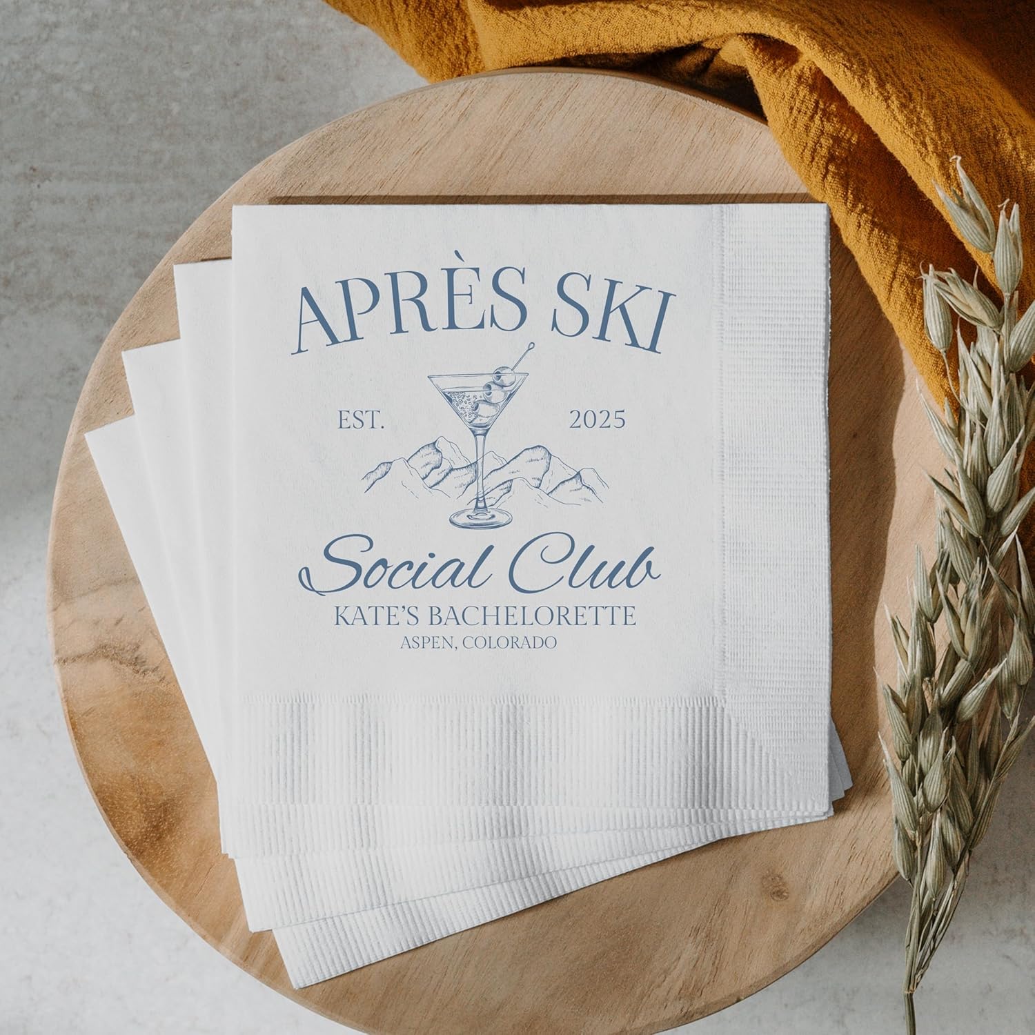 Apres Ski Napkins Custom Bachelorette Party Favor Personalized Ski Cocktail Napkins Winter Wedding Napkins 50 pieces