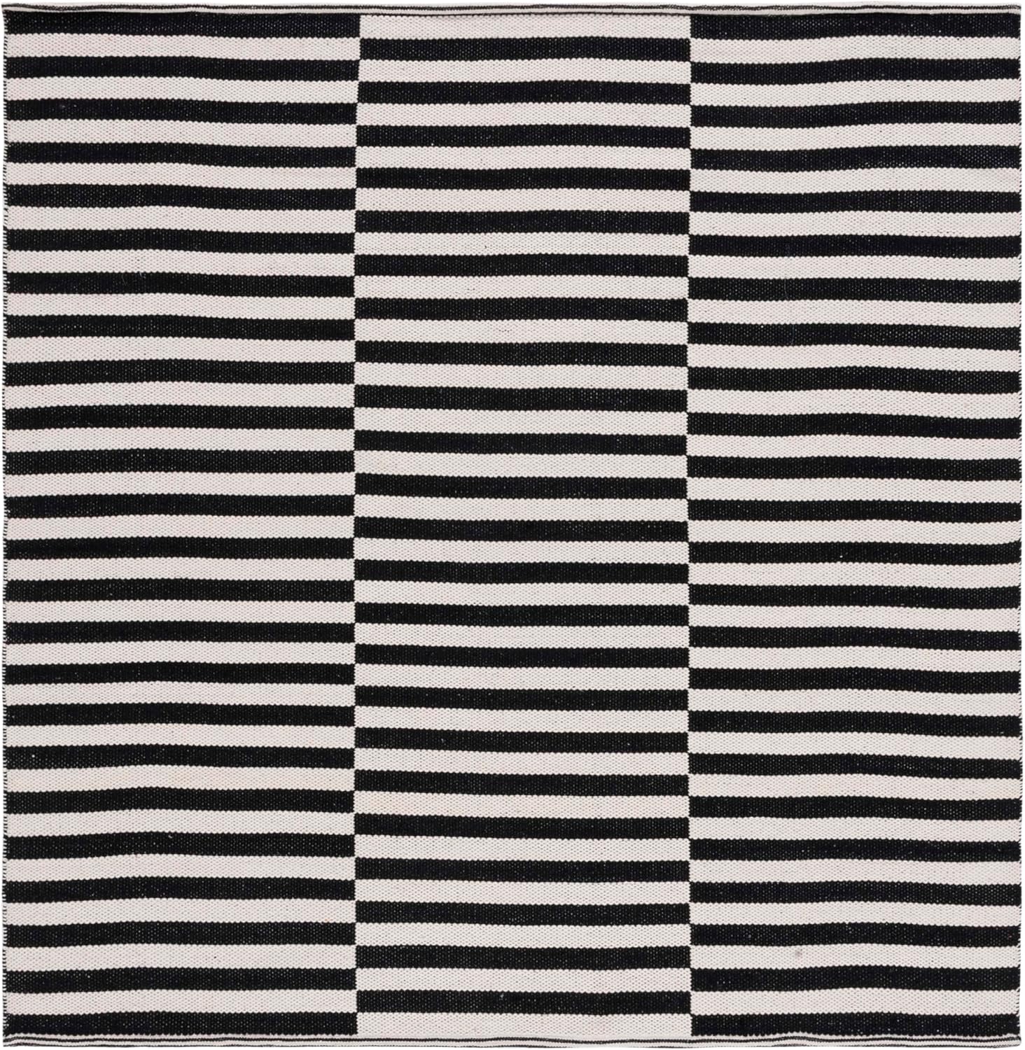 SAFAVIEH Montauk Collection Area Rug - 6' Square, Ivory & Black, Handmade Stripe Cotton, Ideal for High Traffic Areas in Living Room, Bedroom (MTK715D)