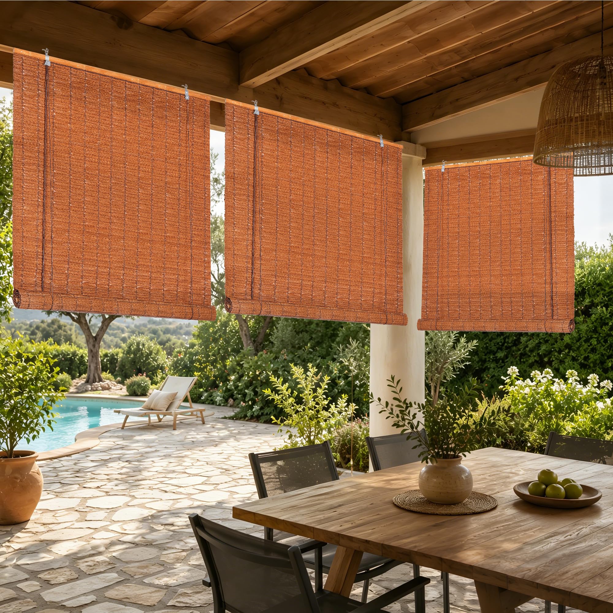 HOMEDEMO PE Tenda a rullo per Interni e Esterni, effetto bambù, Impermeabile, Protezione UV e Privacy, Tende Oscurante per Balconi e Terrazze, veneziane di Ventilazione, Marrone Scuro, 140x220cm