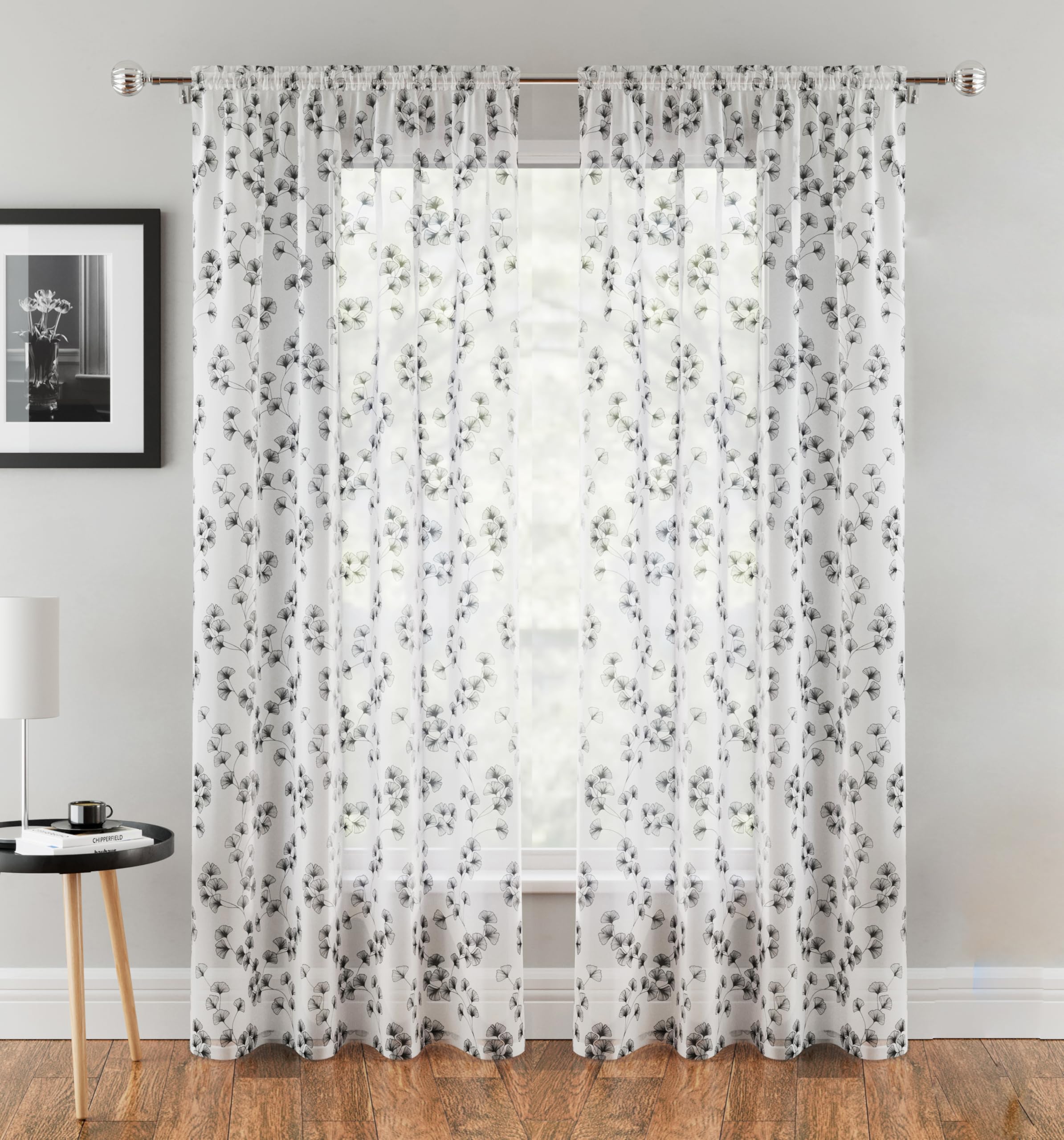 Tyrone Textiles Delila Leaf Print Voile Panels - Black - 140x183cm Pair