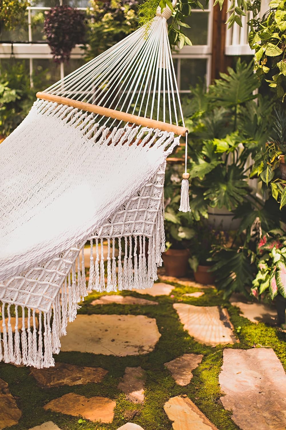 Handwoven Nicaraguan Cotton Rope Hammock with Wooden Spreader Bars with Tropical Decorative Trim