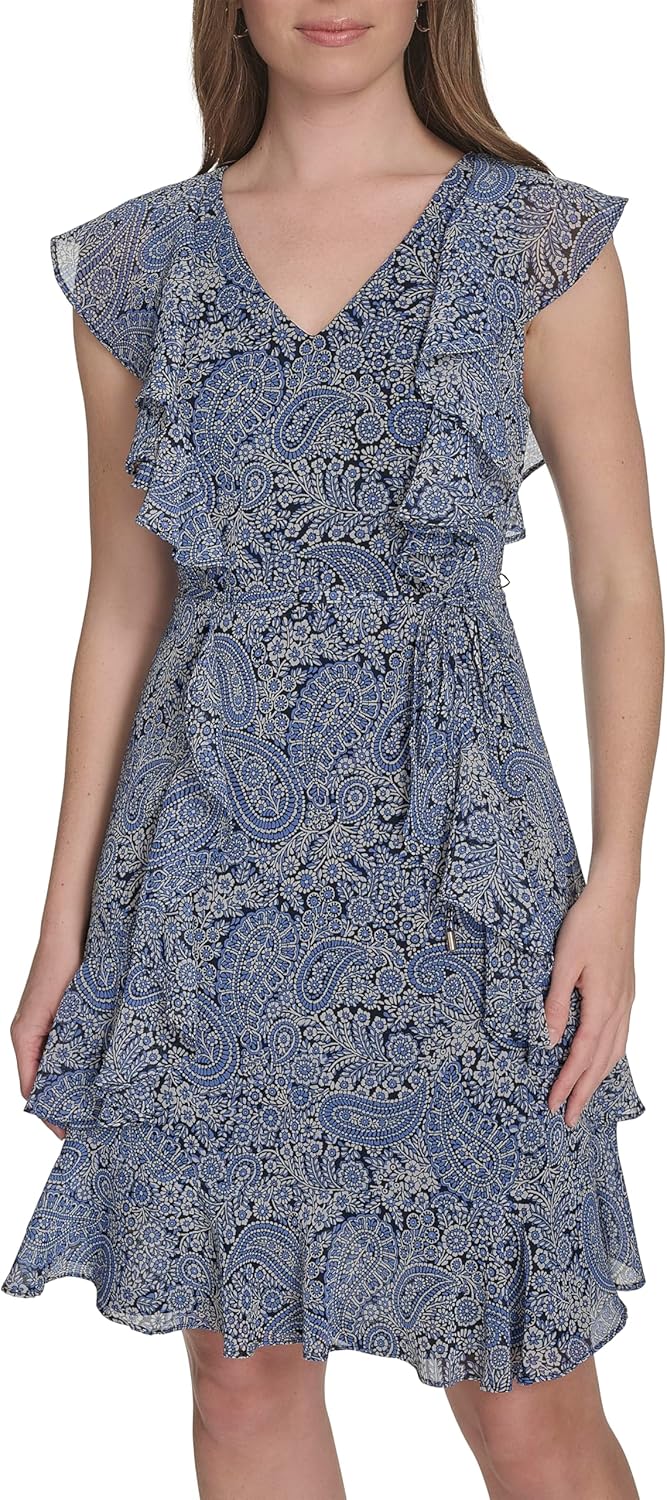 Tommy Hilfiger Women's Flutter Sleeves All Over Ruffle Dress