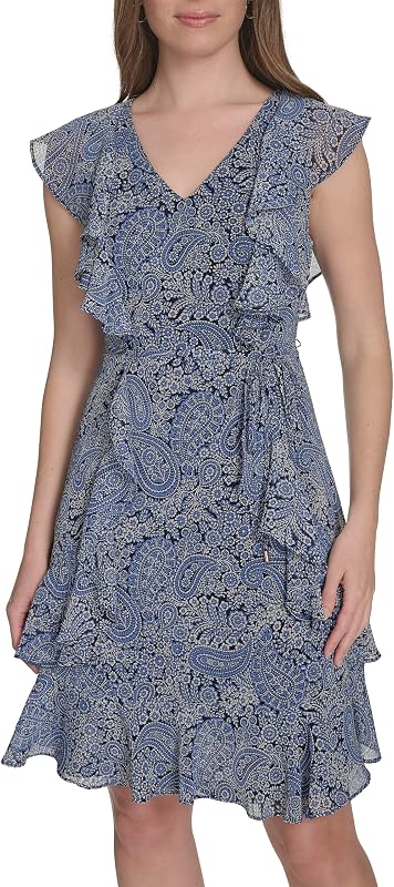 Tommy Hilfiger Women's Sleeveless V-Neck Ruffle Trim Tie Waist Chiffon Mini Dress