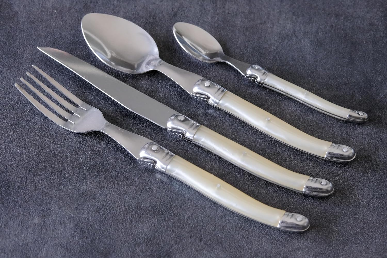 Laguiole Heritage Dinnerware Set; Luxury French Flatware in Premium Stainless Steel with Ergonomic ABS Handles; Features 6 Steak Knives, Forks, Tea/Coffee & Dessert Spoons, Ivory, 24-Piece