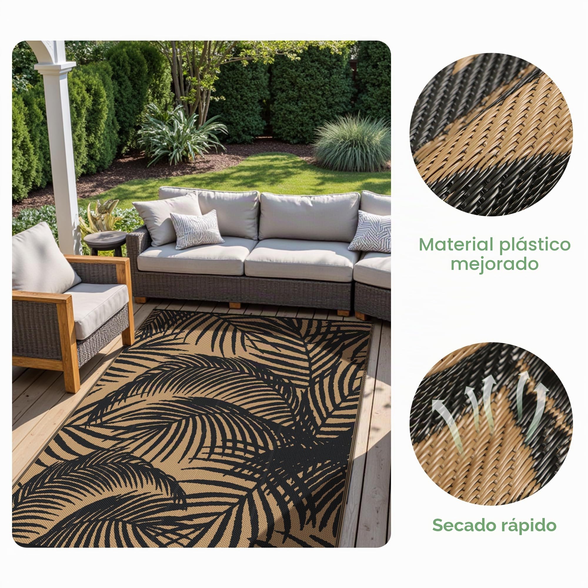 GENIMO Alfombra Exterior Terraza,Impermeable Reversible Plástico, Alfombra Barbacoa Exterior para Jardín, Picnic, Balcón, Negro Marrón, 120 x 180 cm