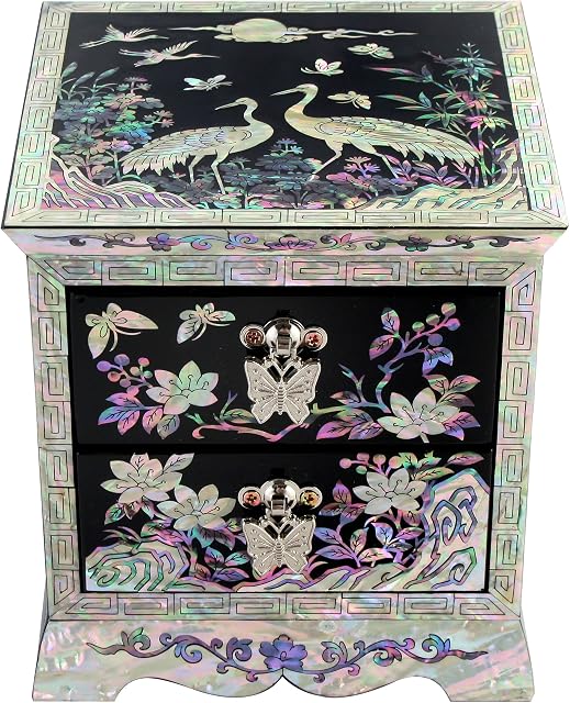 Mother of Pearl Asian Lacquer Women Wooden Jewellery Trinket Keepsake Treasure Gift Girls Jewel Ring Drawer Box Chest Case Organizer with Flower and Crane Design in Red Korean Mulberry Paper