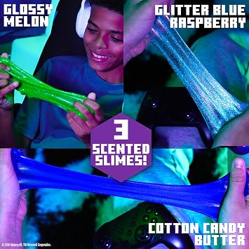 Minecraft Mini Scented Slime Bundle Pack, Butterclay, Glossy & Glitter Slime with Keychain Clip, Cotton Candy, Watermelon & Blue Raspberry, Sensory Fidget Toy for Ages 4+