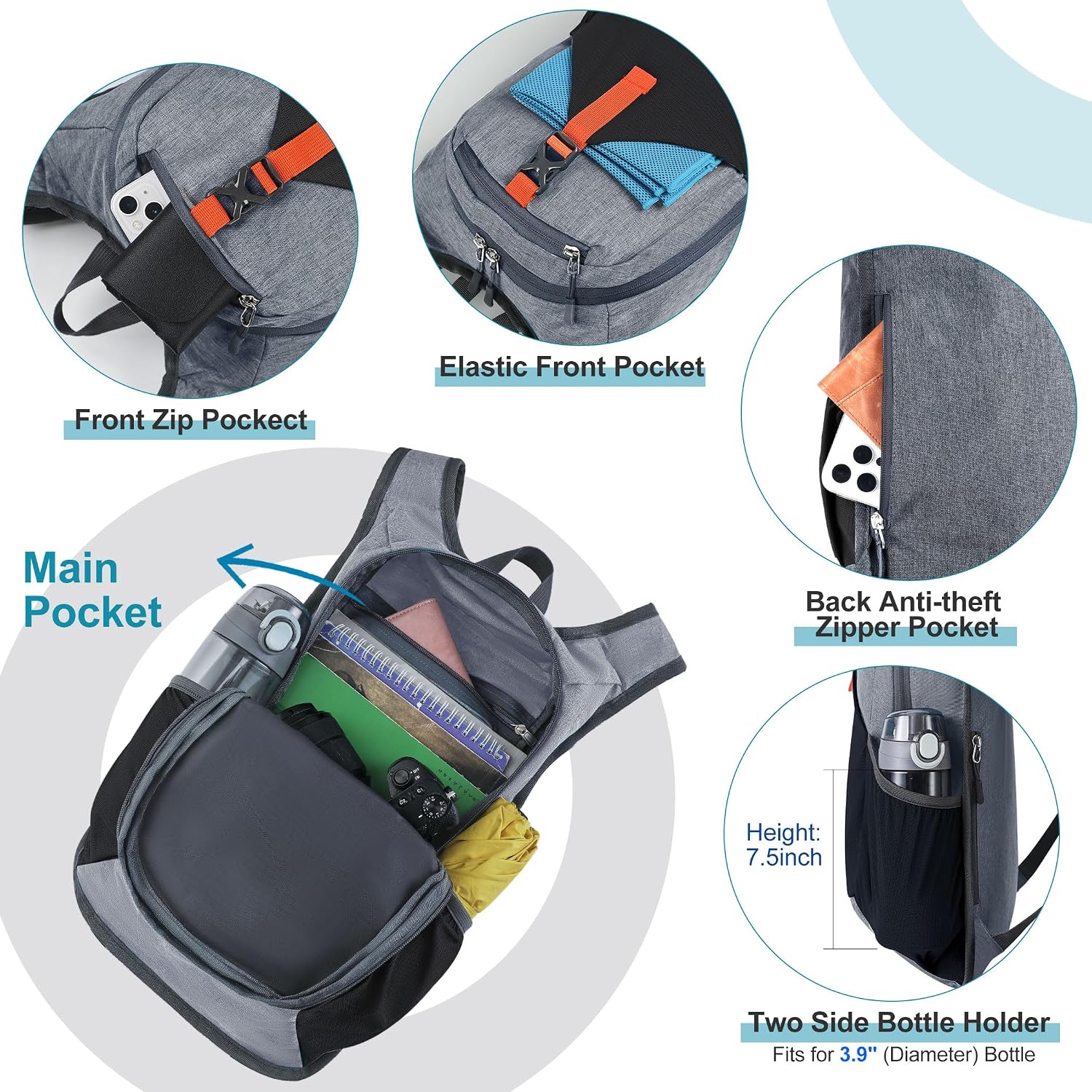 FIORETTO 20L Hiking Backpack for Men Women Lightweight Foldable Small Daypack for Travel Camping Outdoor, Grey and Black image 4