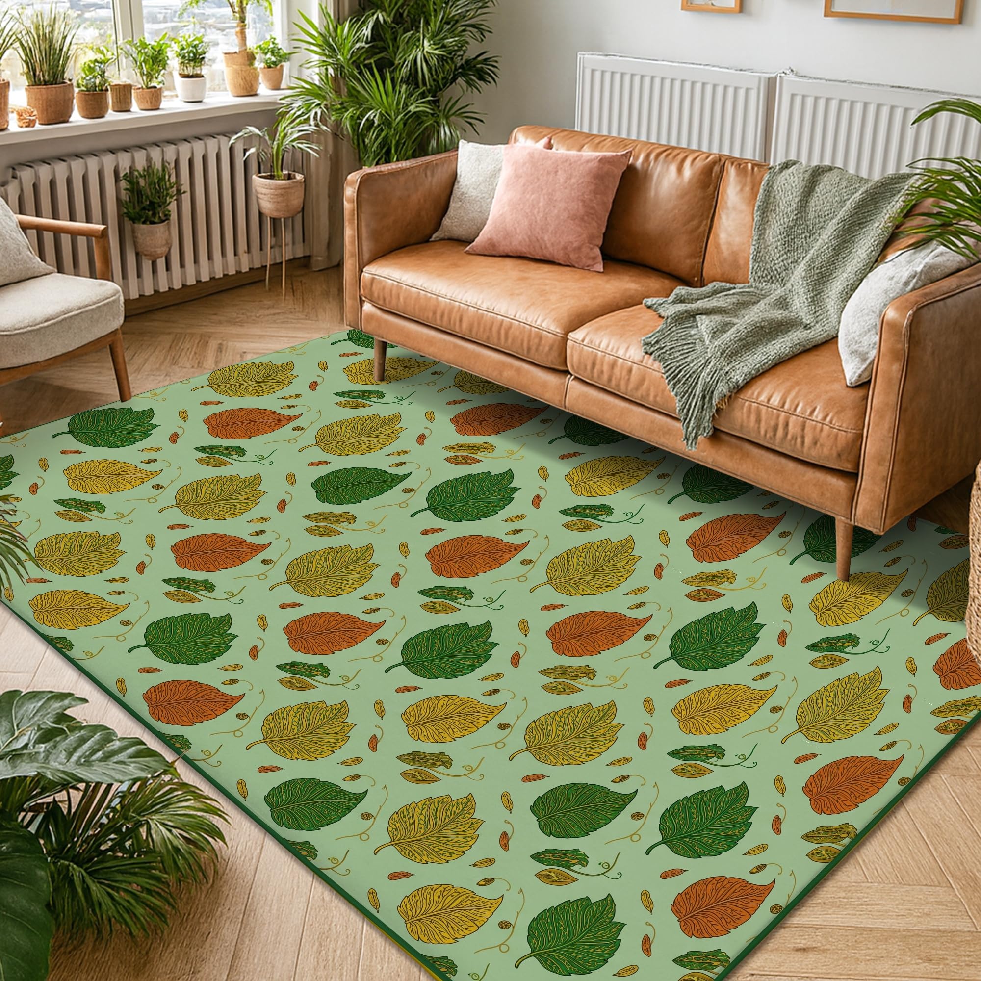 Alfombra de área de hojas, ramas rústicas de temporada, bayas, color verde otoño, antideslizante, estética, rectangular, alfombra para el hogar, sala de estar, dormitorio, debajo de la mesa