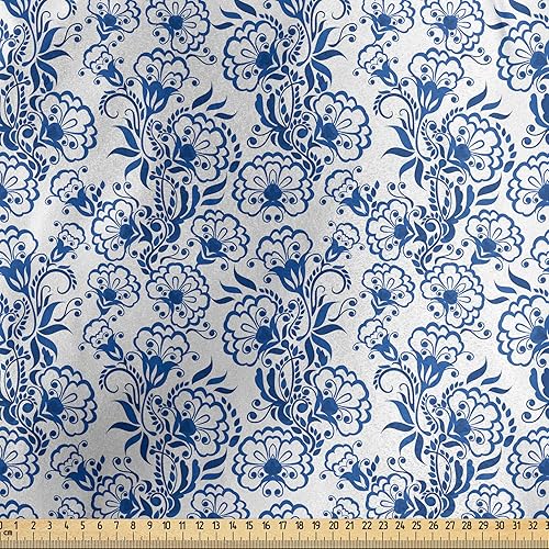 Miniatura 2 de Ambesonne Blue Fabric by The Yard, Delicate Spring Season Themed Floral Pattern in Traditional Russian Gzhel Style, Decorative Satin Fabric for Home