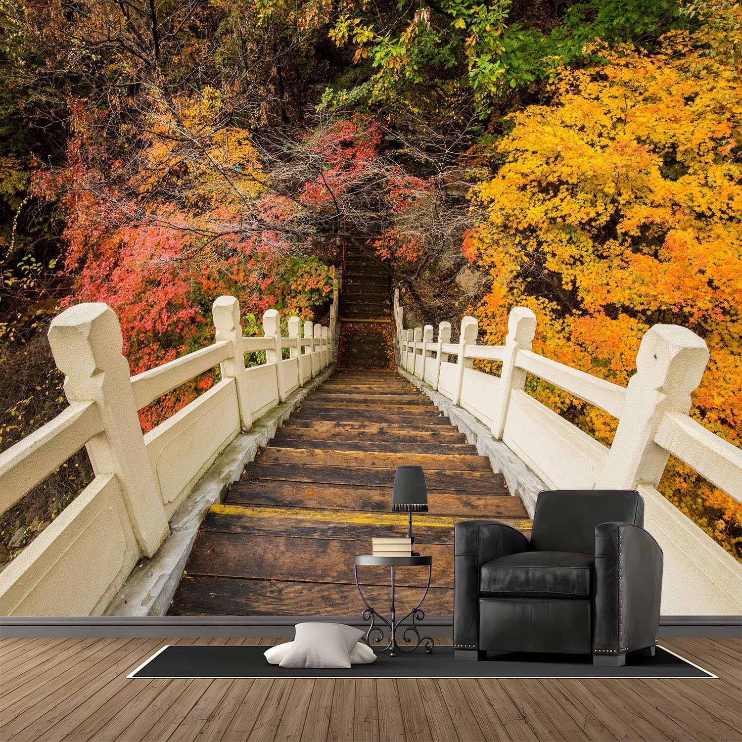 Papier peint panoramique automne 300x210 cm décor trompe l'œil