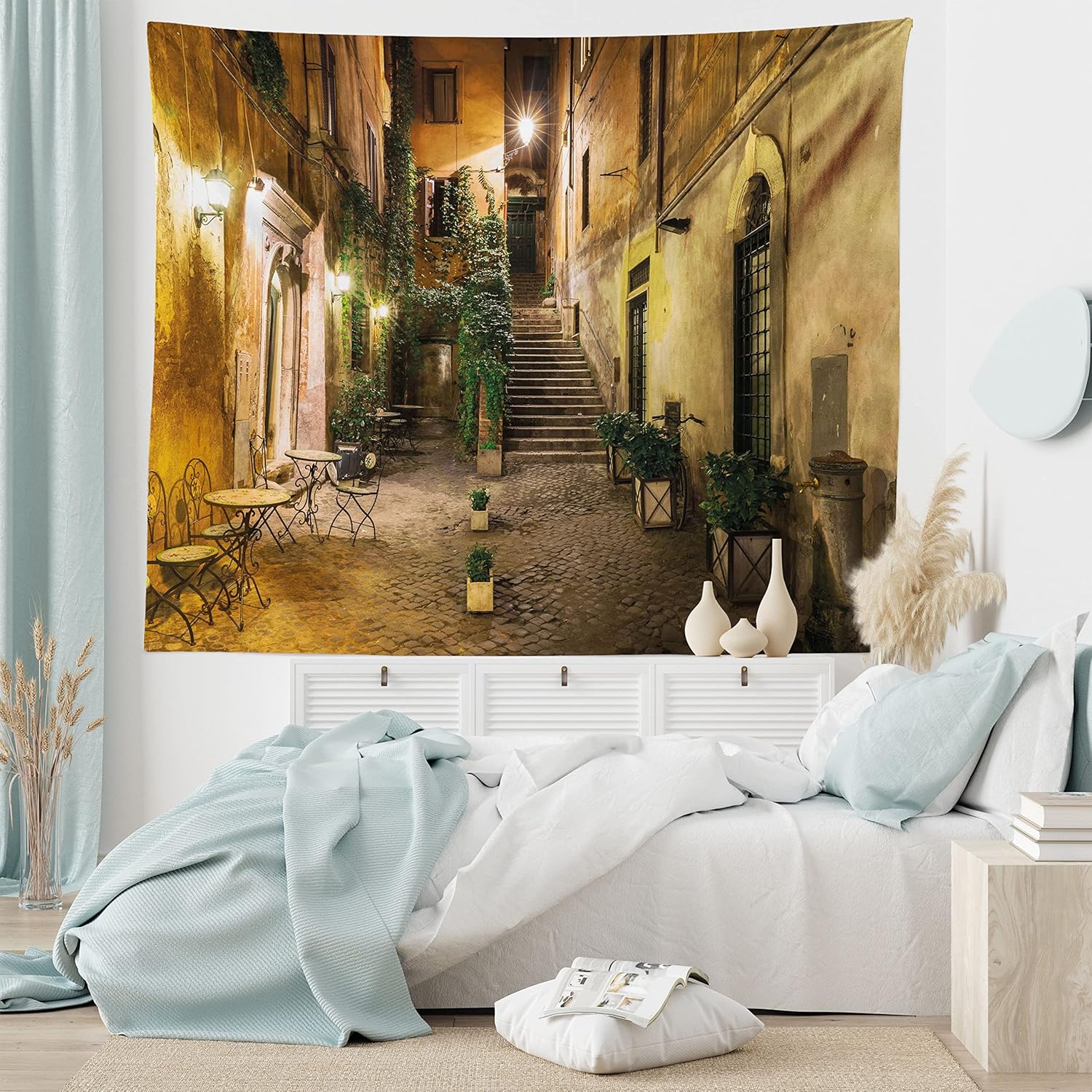 Ambesonne Italian Tapestry, Old Courtyard Rome Italy Cafe Chairs City Historic Houses in Street, Wide Wall Hanging for Bedroom Living Room Dorm, 80" X 60", Pale Yellow Green Orange