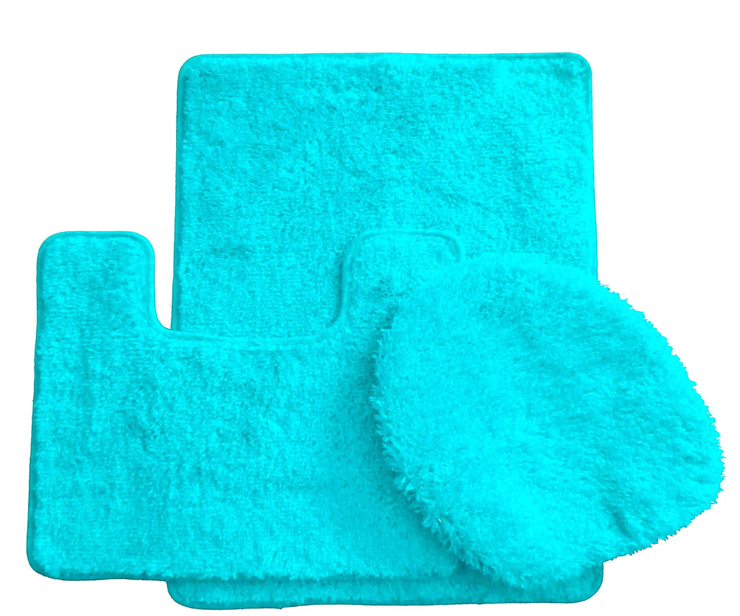 BH Home & Linen 3 Piece Premuime Luxury Acrylic Bath Rugs Set Large 18" x 30 Contour Mat 18"x18" and Lid (Turquoise)