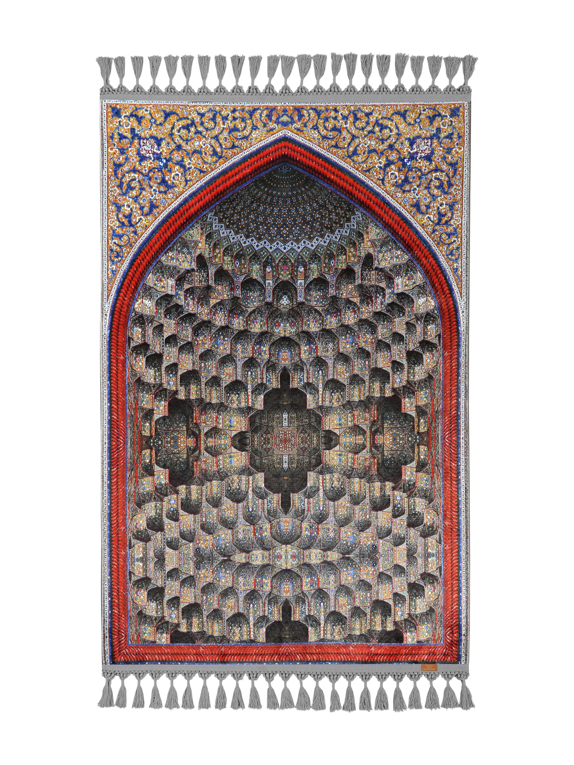 Alfombra turca de oración con flecos y patrón geométrico gris rojo
