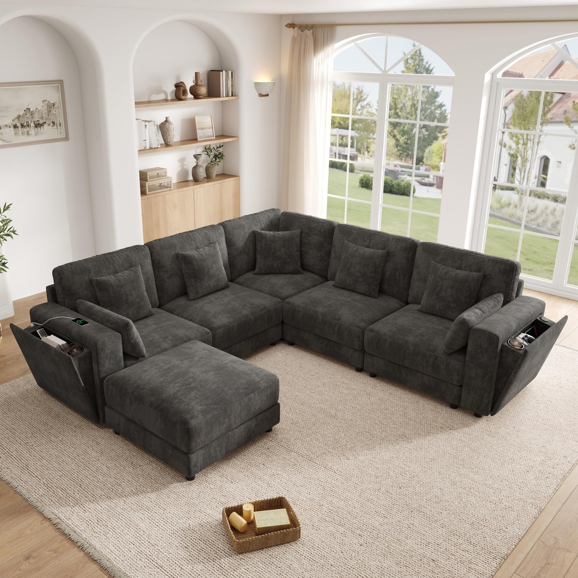 Sofá modular de 6 plazas, sofá esquinero en forma de L/U, conectores USB/Type-C, portavasos y espacio de almacenamiento, tela de chenilla, 7 almohadas, salón, dormitorio y oficina, gris