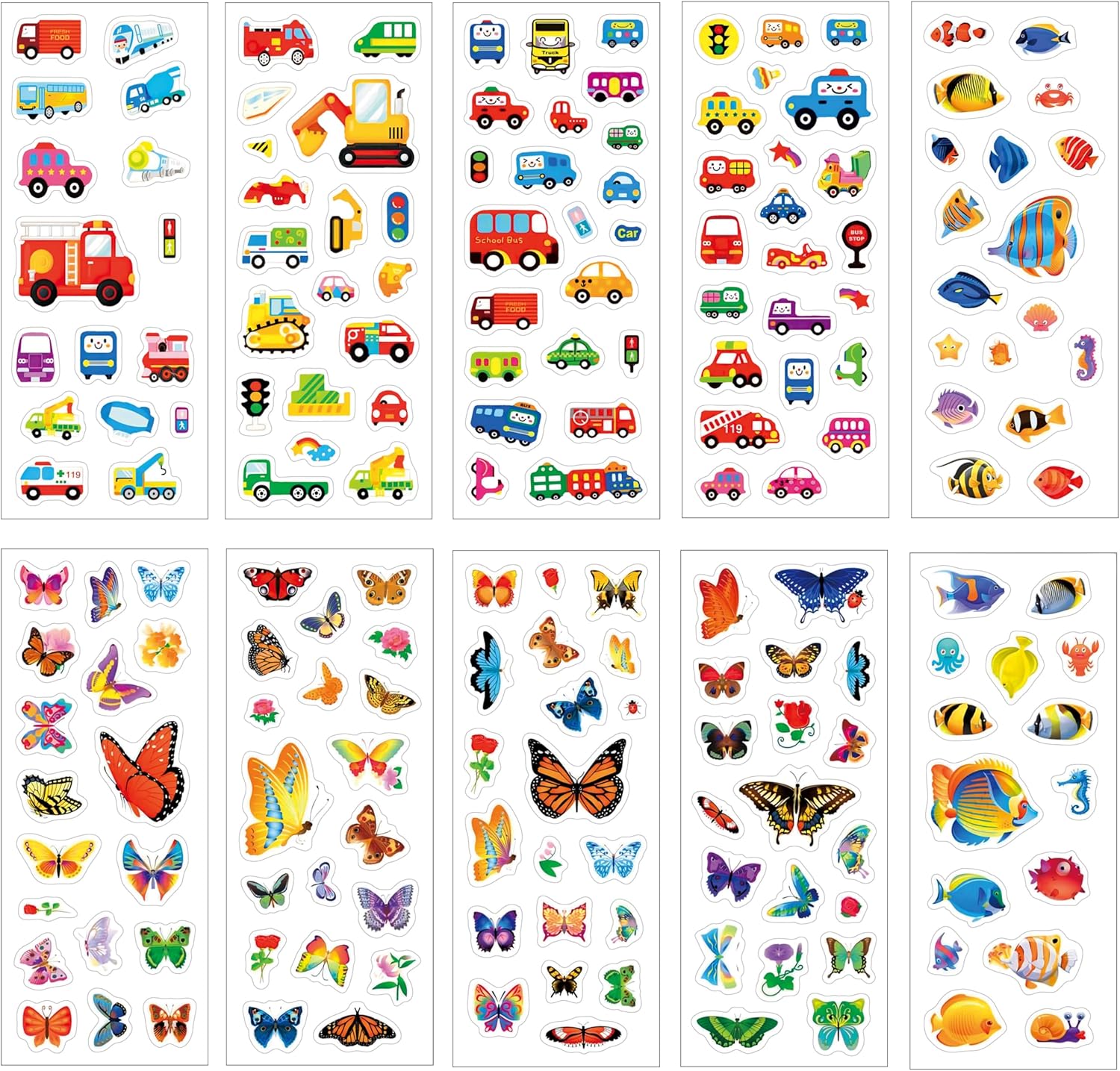 Cute Stickers for Kids Children Toddlers Boys Girls 20 Sheets with Animals Dinosaurs Cars Butterflies Fish