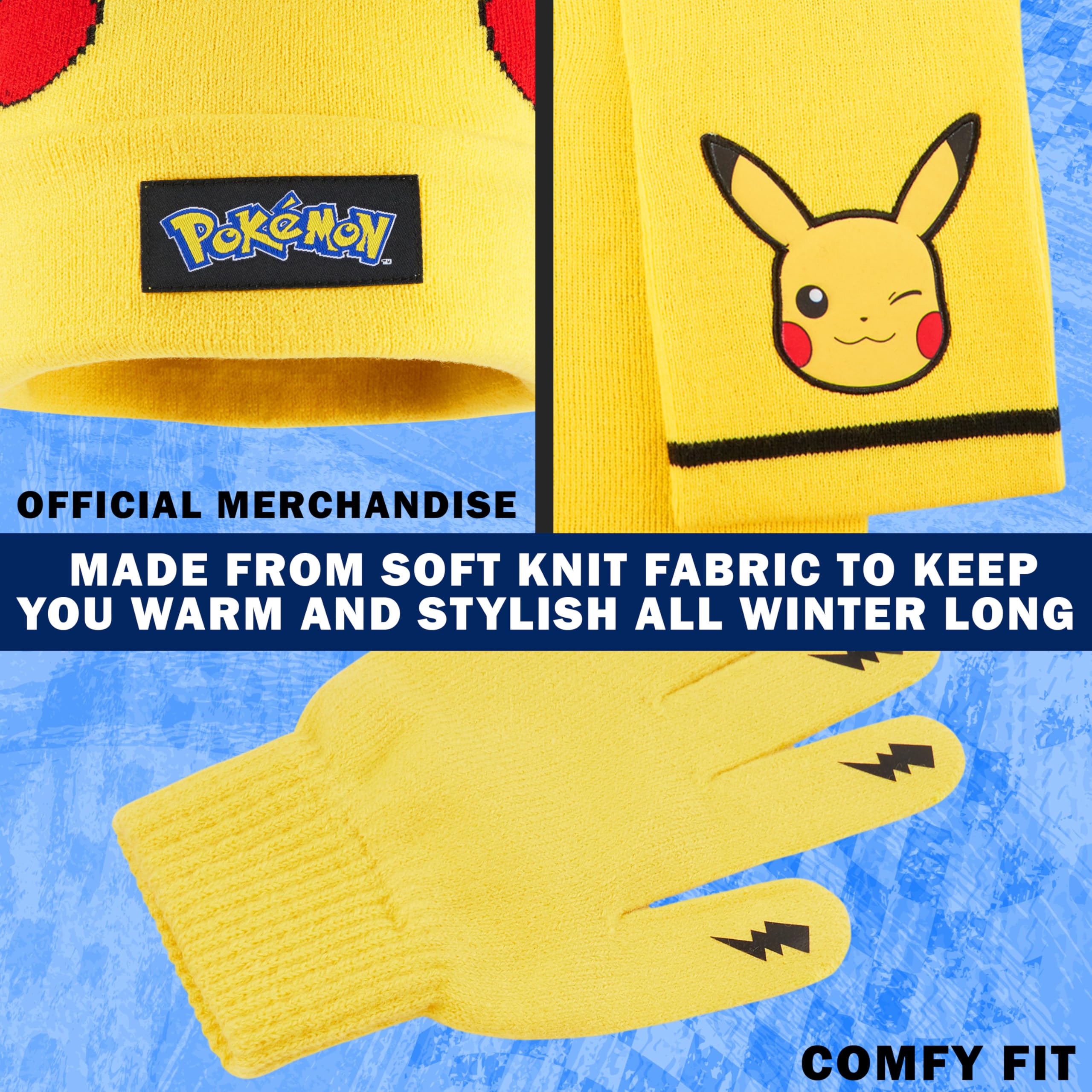 Pokémon Conjunto Bufanda y Gorro y Guantes Niño 8-10 Años, Pikachu Accesorios de Invierno Suave para Frío, Regalos de Anime