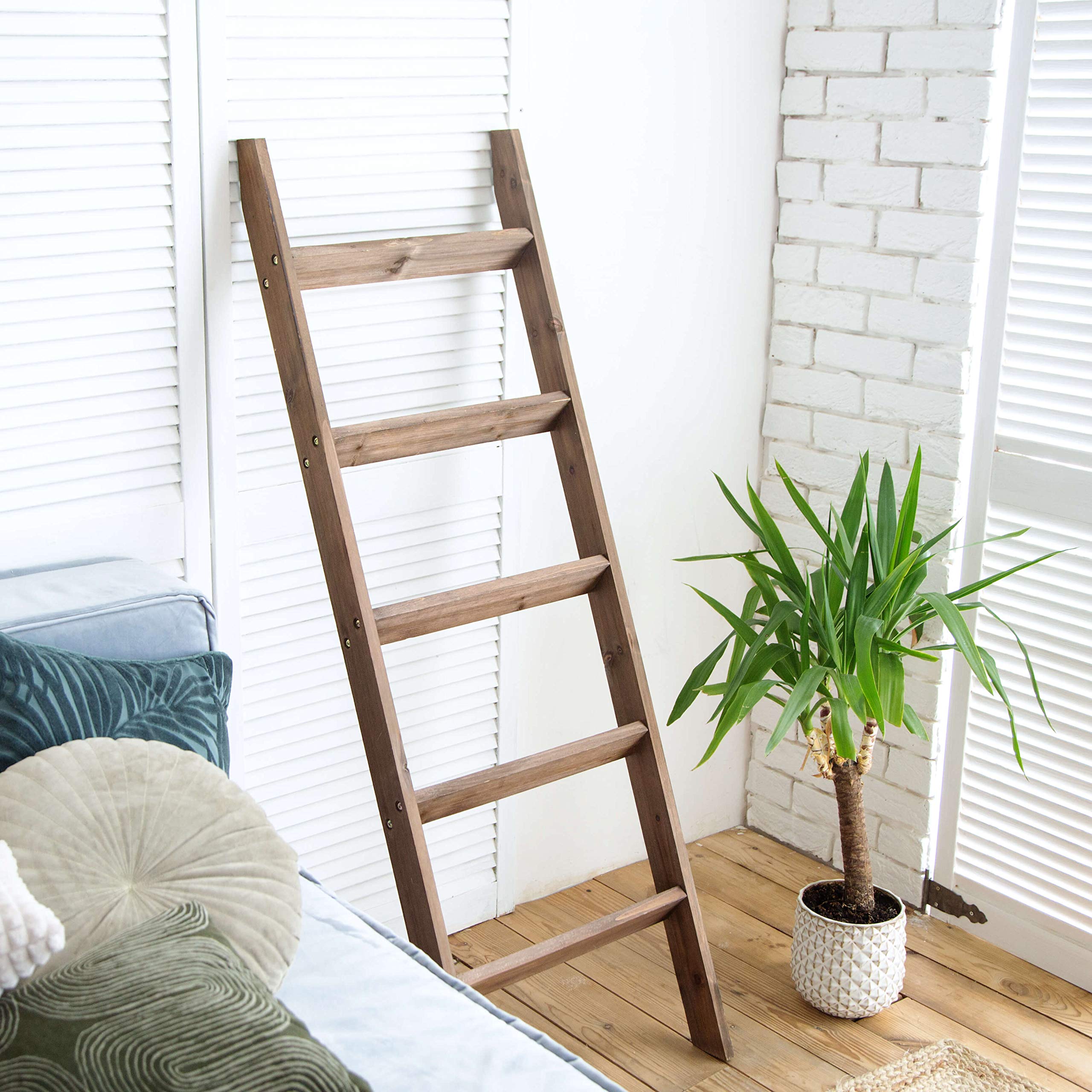 Hallops Blanket Ladder 5 ft. Wood Rustic Decorative Quilt Ladder. Brown Vintage Wooden Decor. Blankets Holder Rack (Brown)