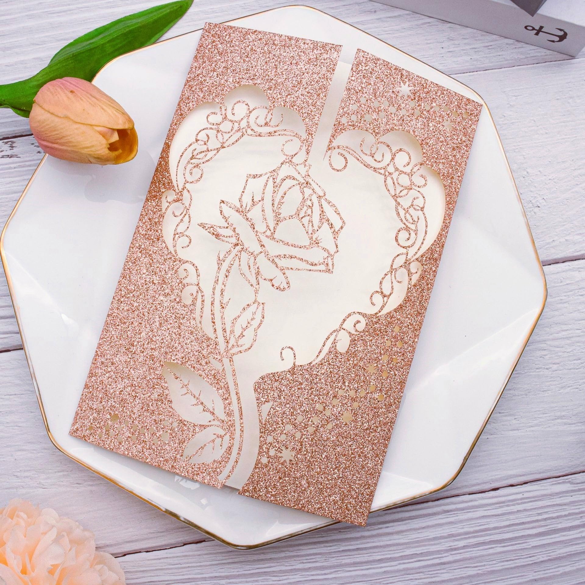 Cylallen 50 sets Glitter Gold Romantic Valentine's Day Greeting Card Laser Cut Rose Quinceanera Invitation Card DIY Sweet 15 Birthday Party Invites
