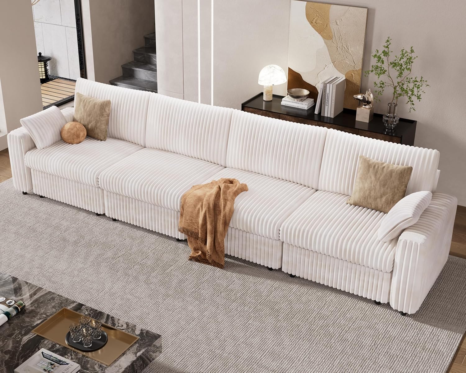 WEUP 170" Large Modular Sectional Sofa, Plush Corduroy Modern Oversized Sectional Couch, Two Pillows, Tool-Free Assembly (4 Seats, Beige)