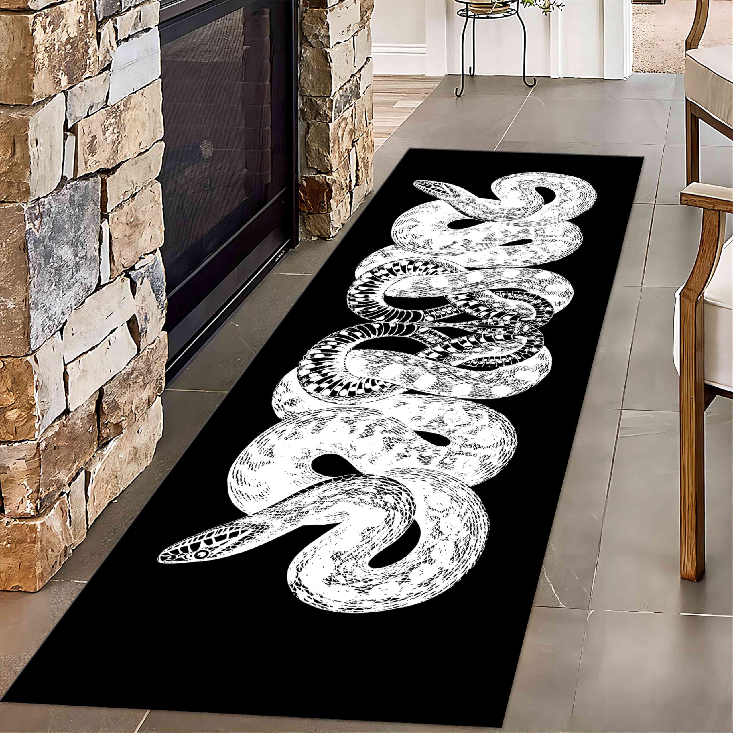Snake Rug for Hallway, 2x8ft, Modern Gothic Black and White Snake Area Rugs, Animal Snake Decorative Carpet, Snake Non-Slip Black Long Runner Rug for