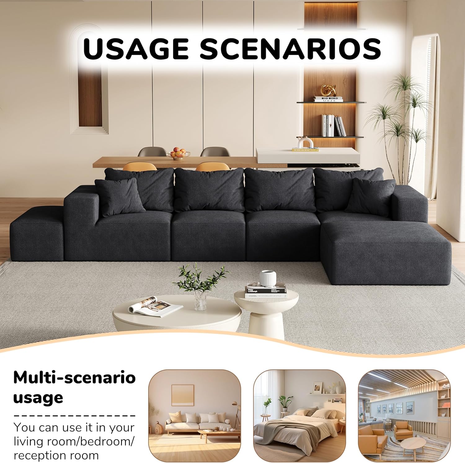 132'' Oversized Cloud Couch, Upholstered Modular Sectional Sofa with 6 Pillows, Deep Seat Chenille Couches for Living Room, Free Combination, No Assembly Required,Black