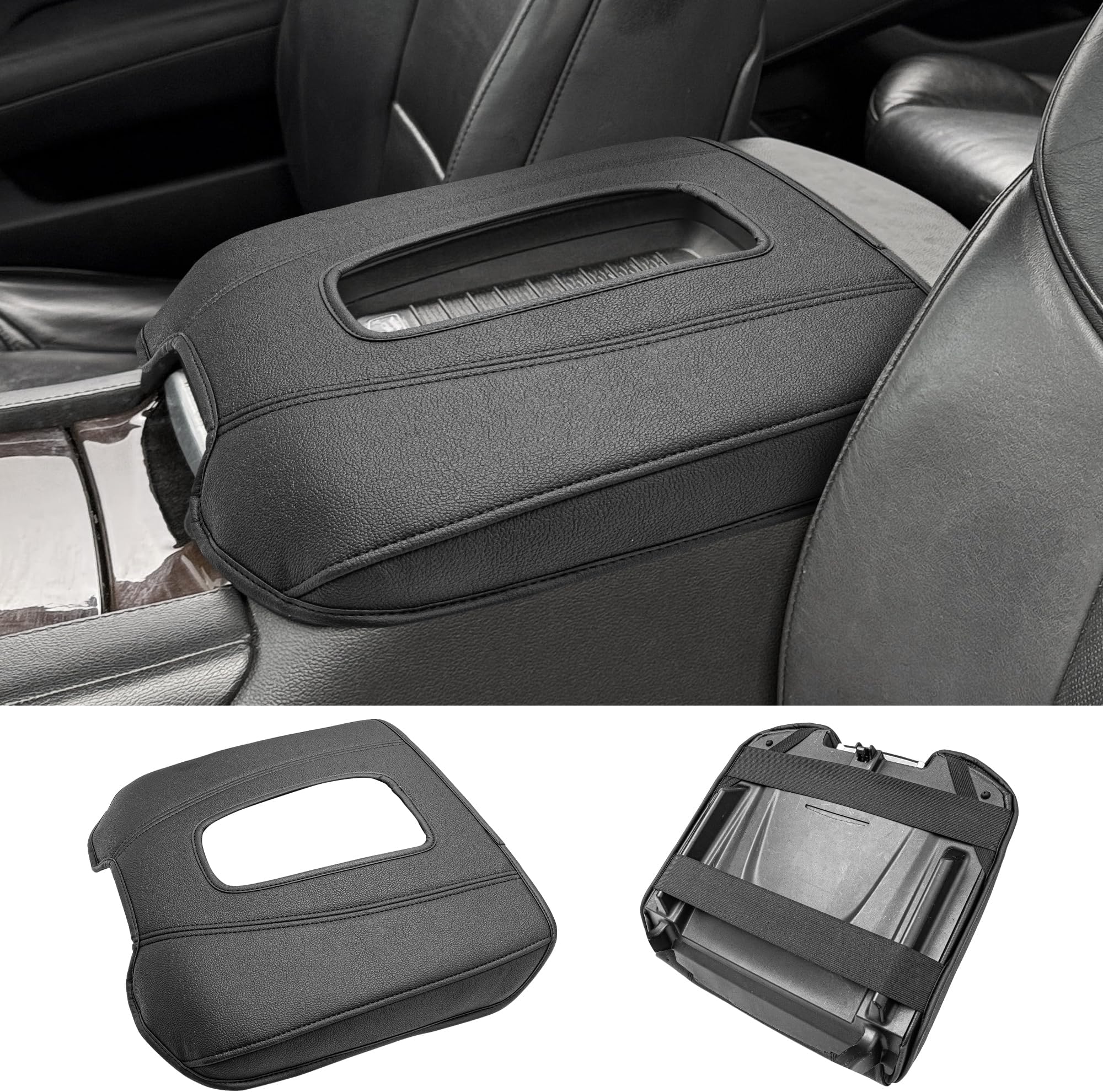 Center Console Cover Compatible with 2015 2016 2017 2018 2019 2020 Cadillac Escalade Accessories, Premium Leather Car Armrest Protector, Anti-Scratch, Black