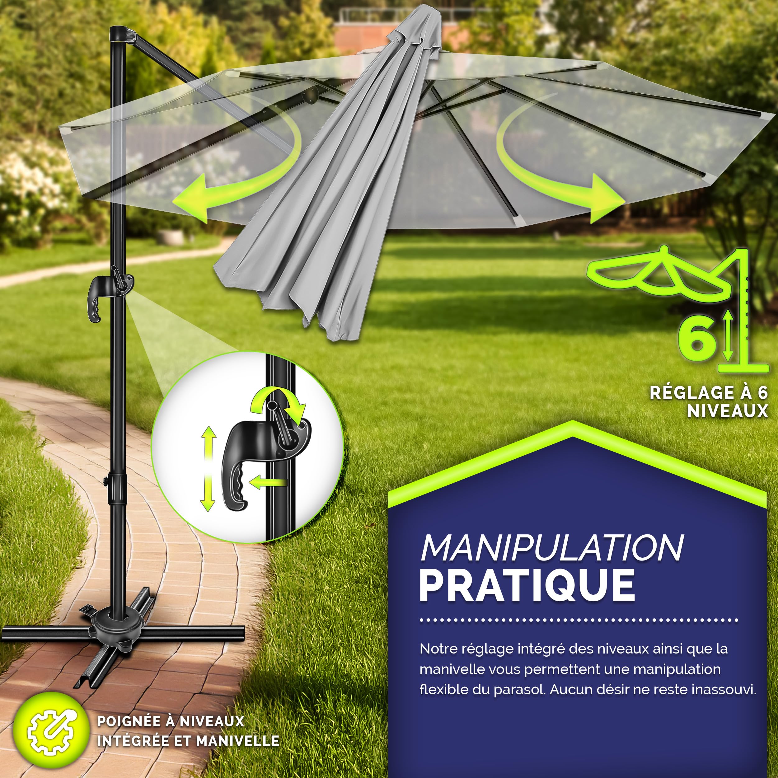 tillvex® Parasol déporté hexagonale 330 cm Premium avec manivelle | Avec housse et protection contre le vent | Parasol à manivelle réglable sur 7 positions | Parasol de jardin aluminium pivotant à 360