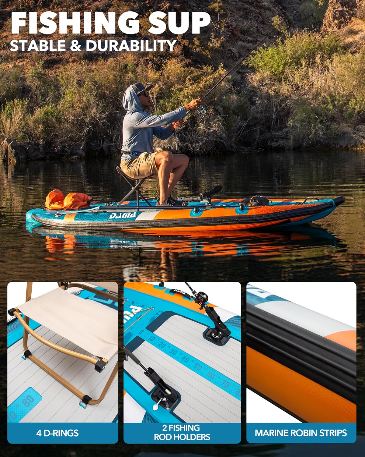 DAMA Triple Chamber SUP Inflatable Stand Up Paddle Board 10'8"*47", Extra Wide Paddle Boards for Adults, Fishing Paddle Board with 3 Removable Fins, 2 Fishing Rod Holders, Kayak Paddle,Portable Bag